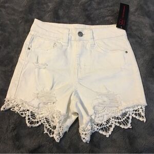 No Boundaries White Jean Shorts with Lace Trim